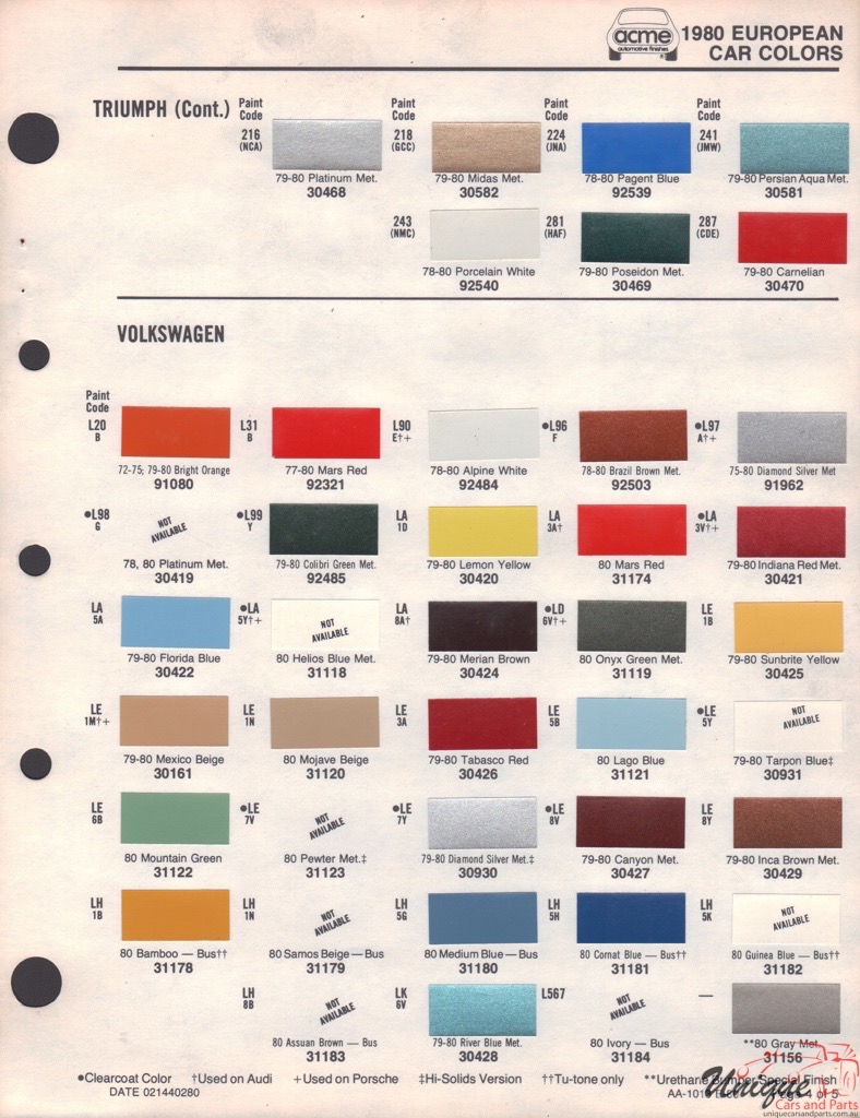 1980 Volkswagen Paint Charts Acme 1